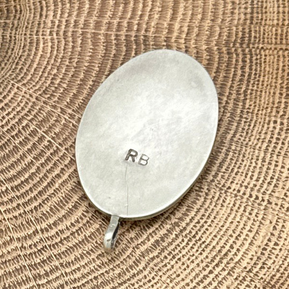 1970s Native American NAVAJO Sterling Turquoise Chip Inlay & Coral Oval Pendant - Picture 2 of 2